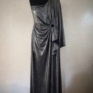 Dress the Population Metallic Charcoal One-Shoulder Gown